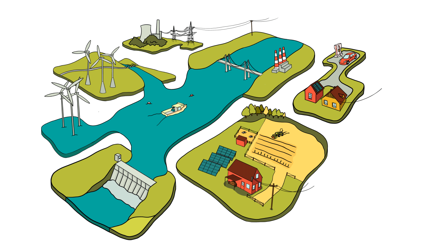Illustration showing various types of sustainable energy