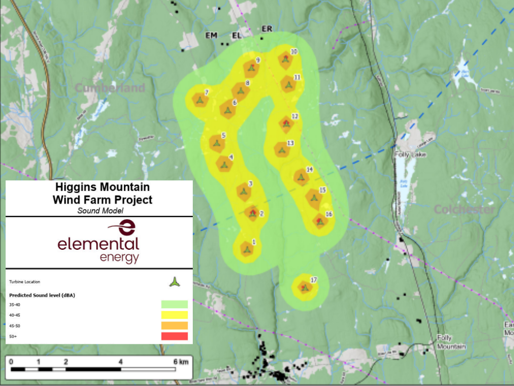 Sound model mapping of Higgins Mountain Wind Farm