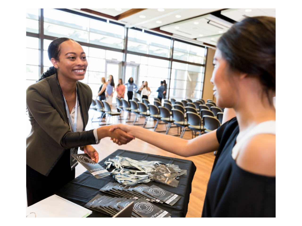 Stock image of registration desk and sponsor-branded materials